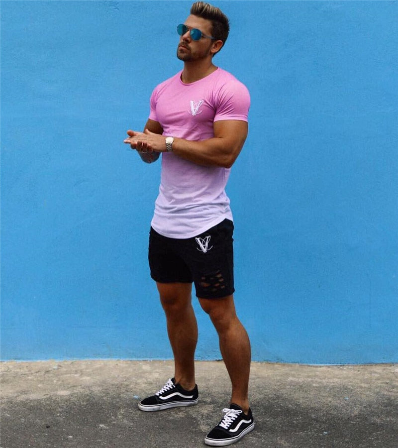 Men's Fashion Street Casual Pink & White T-shirt