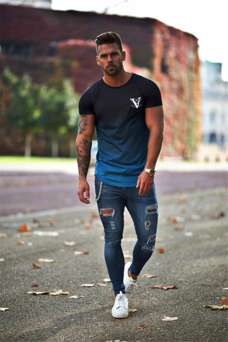 Men's Fashion Street Casual Blue T-shirt